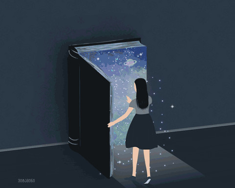 99px ru animacii 20061 devushka stoit pered otkritoj dveru so zvezdnim nebom.gif